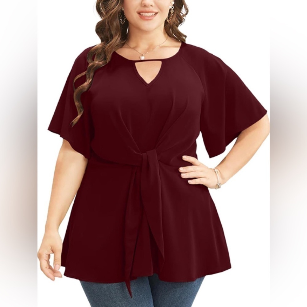 BloomChic Plus Size Plain Keyhole Knotted Front Ruffle Sleeve Blouse
